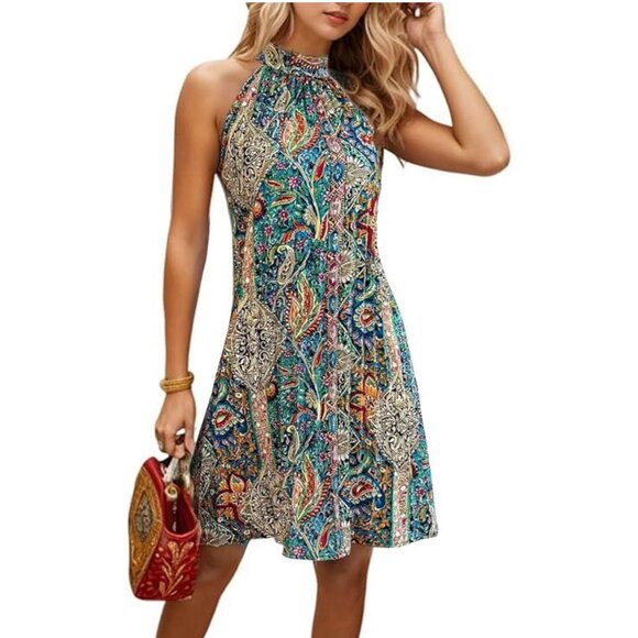New Halter Neck Sleeveless Floral Boho XL Summer Dress For Women Knee Length Lig - Picture 1 of 5